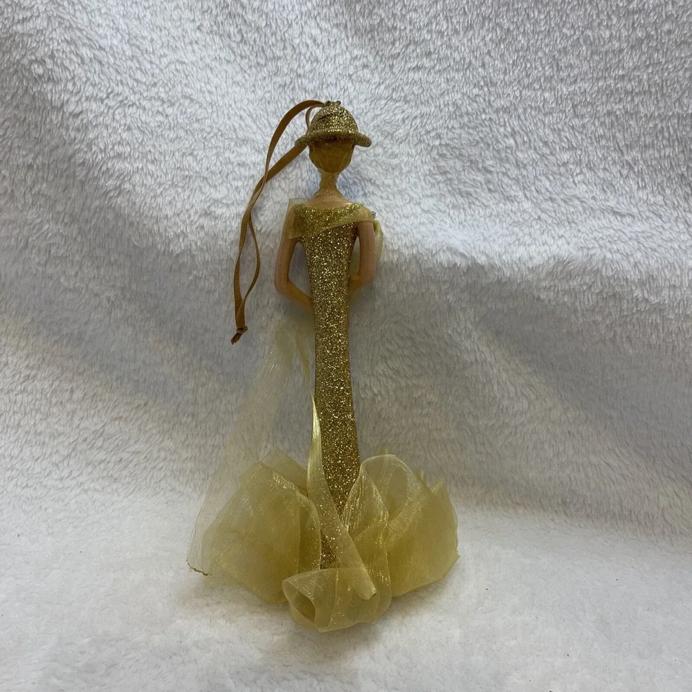 Gold Glitter Dress Figurine Woman Ornament Hat Elegant‎ Sparkle Holiday Decor